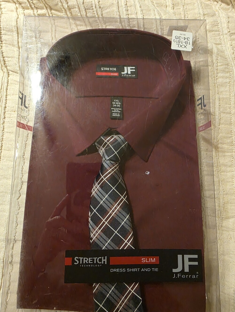 NWT J Ferrar Men's Burgundy Dress Shirt with Plaid Tie XXL NECK 18-18.5